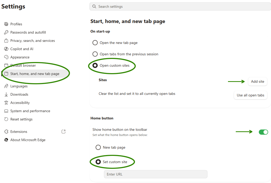 Set Kadaza as homepage and start page in Edge