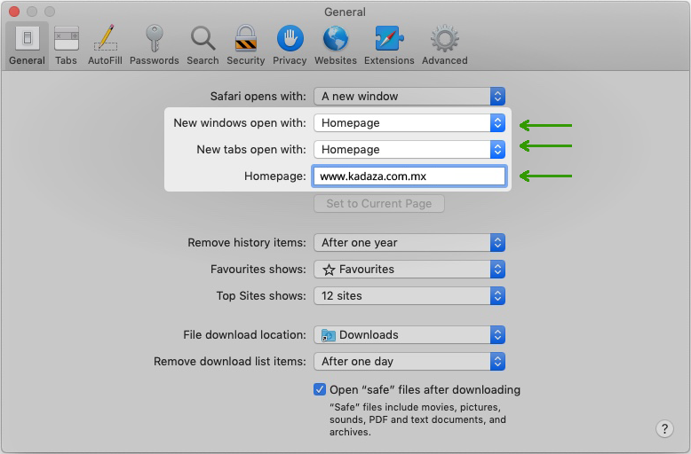 Set Kadaza as homepage and start page in Safari
